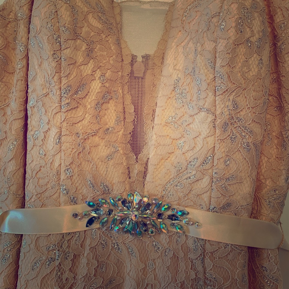 Bridesmaid dress, blush/peach lace silver accent